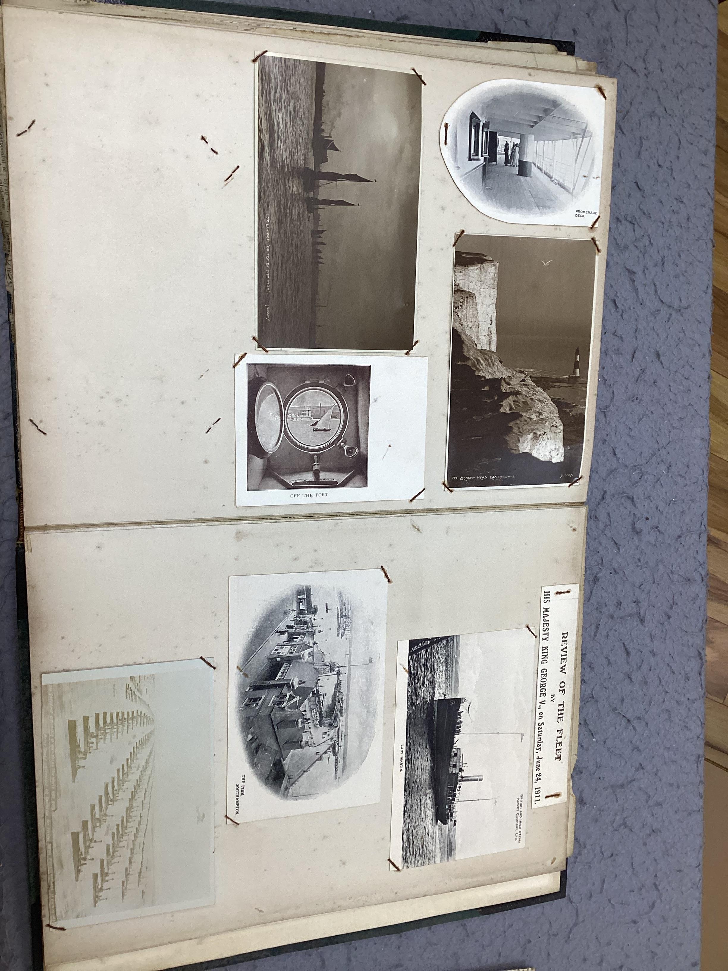 An Ocean liner scrap book and a collection of loose leaves of boating and shipping related postcards